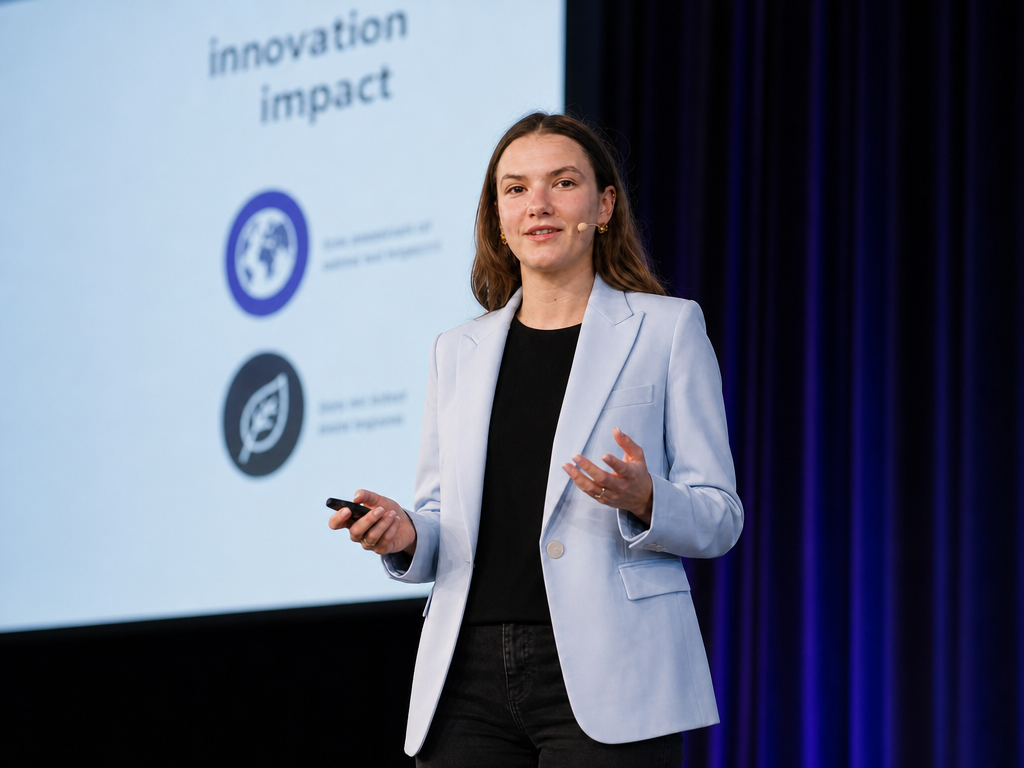 Natalie Kosova speaking on stage about innovation and impact.